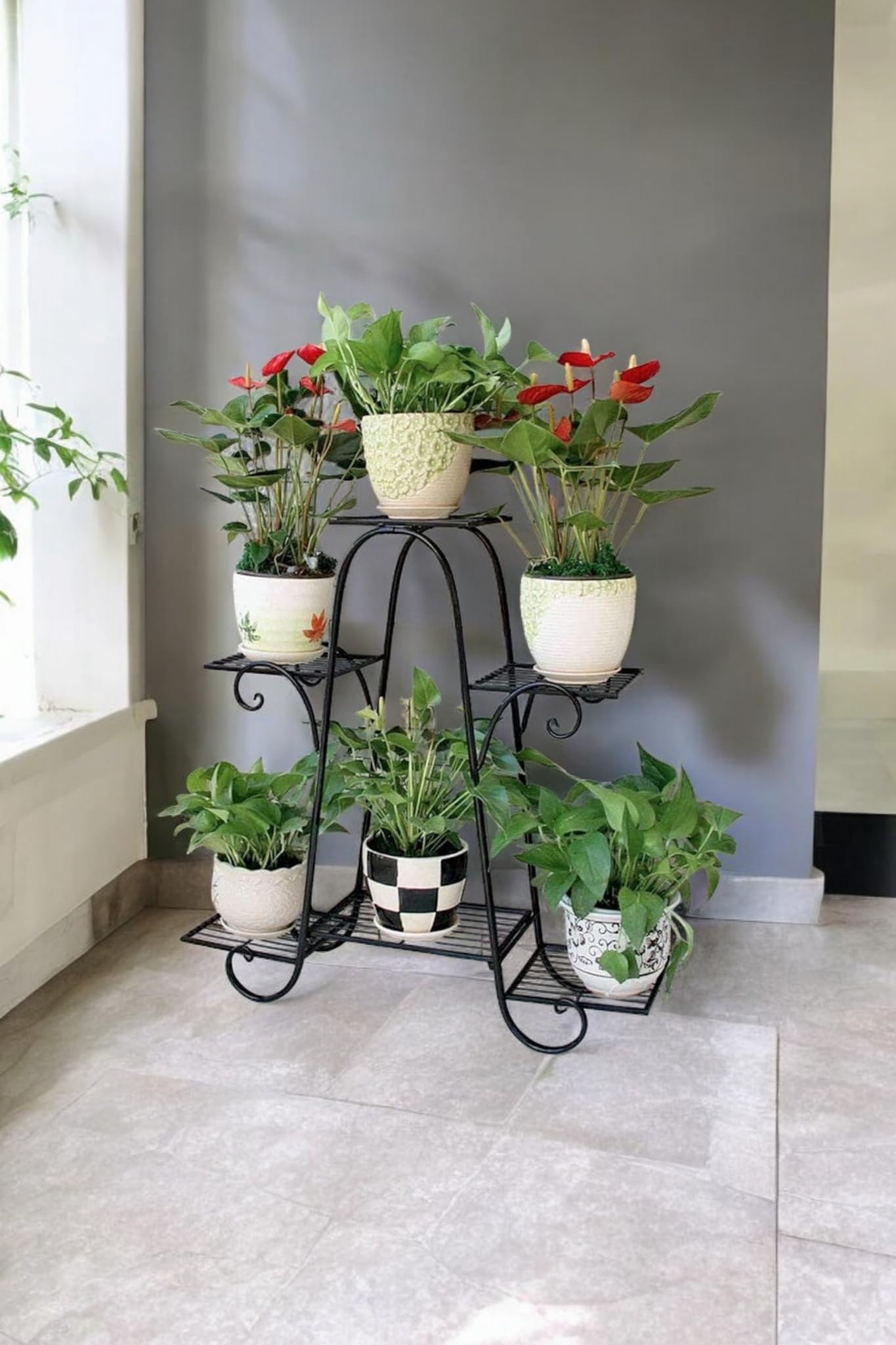 6 Tier Plant Stands for Indoors and Outdoors, L-25 x W-9 x H-29 inches (Black)