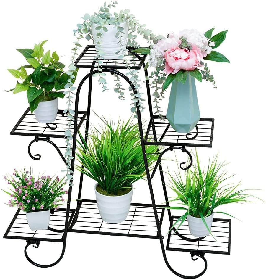 6 Tier Plant Stands for Indoors and Outdoors, L-25 x W-9 x H-29 inches (Black)